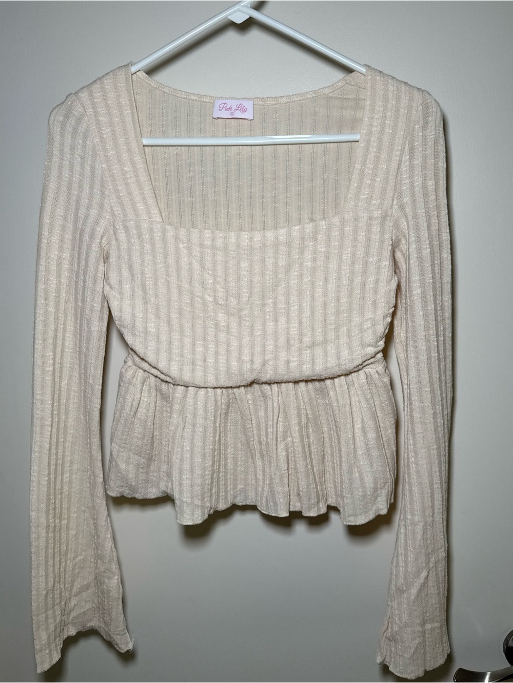 Pink Lily Cream Ribbed Square-Neck Peplum Long Sleeve Top